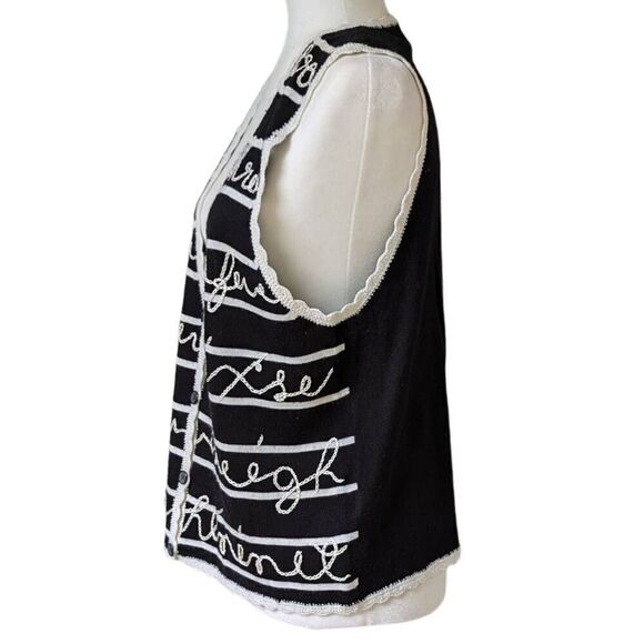 Vintage Koret Sweater Vest Size S Black Striped Crocheted Cursive Cottage Wool - Picture 4 of 7